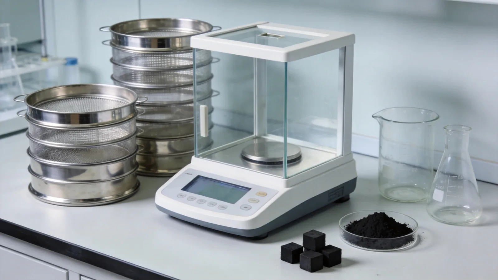 Laboratory bench with precision balance, test sieves and charcoal samples — conceptual illustration